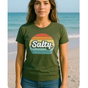 Women’s Olive Green Graphic T-Shirt – Retro Sunset ‘Salty’ Beach Tee Size small
